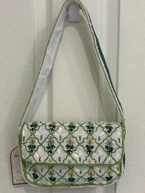 Beaded White and Green Floral Crossbody Bag Viral NWT